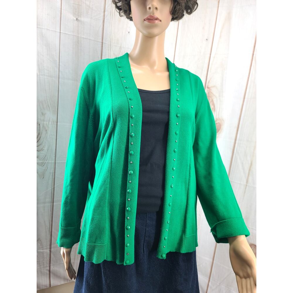 Ruby Rd Women XL Open Front Beaded Trim Knit Cardigan Vibrant Green